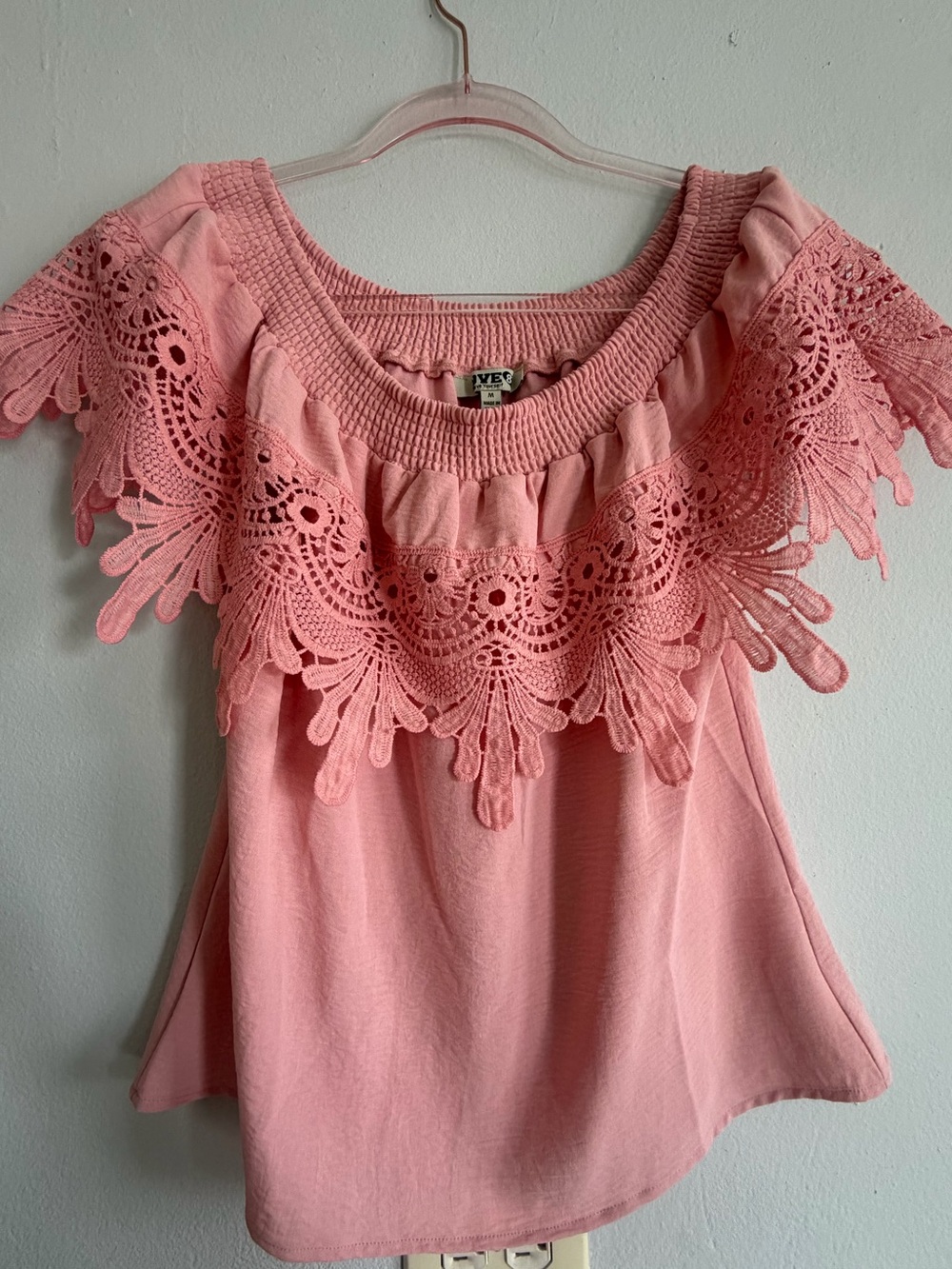 Love Culture Lace-Trim Off-Shoulder Top in Blush Pink
